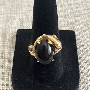 Very Rare Vintage 14k Gold And Black Onyx Dolphin Ring Size 6.5, 4.4 Grams
